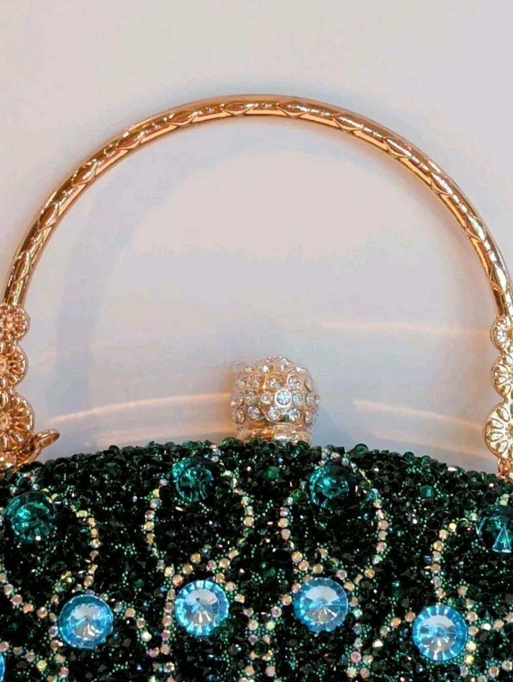 Purse Peacock Green & Blue Crystal Beaded Clutch Detachable Chain & Handle 8